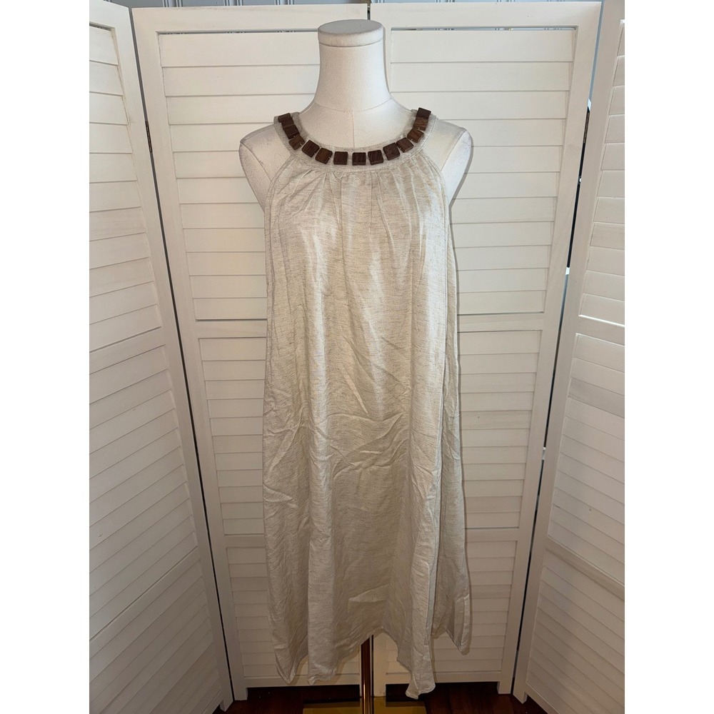 Mille Gabrielle Beige Linen Blend Halter Neck Knee Dress Beaded Neckline Size XL